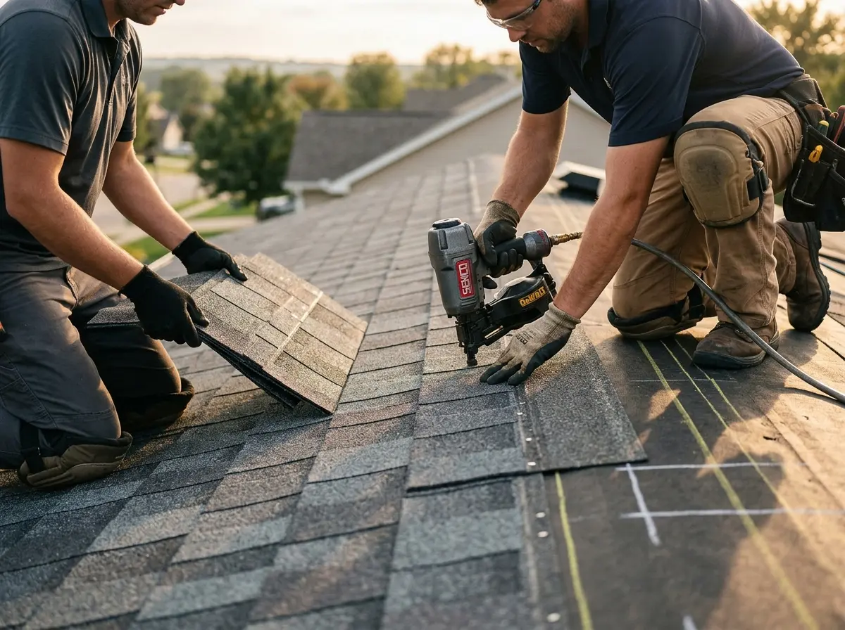 Professional roofer working on a residential roof in Lake Charles